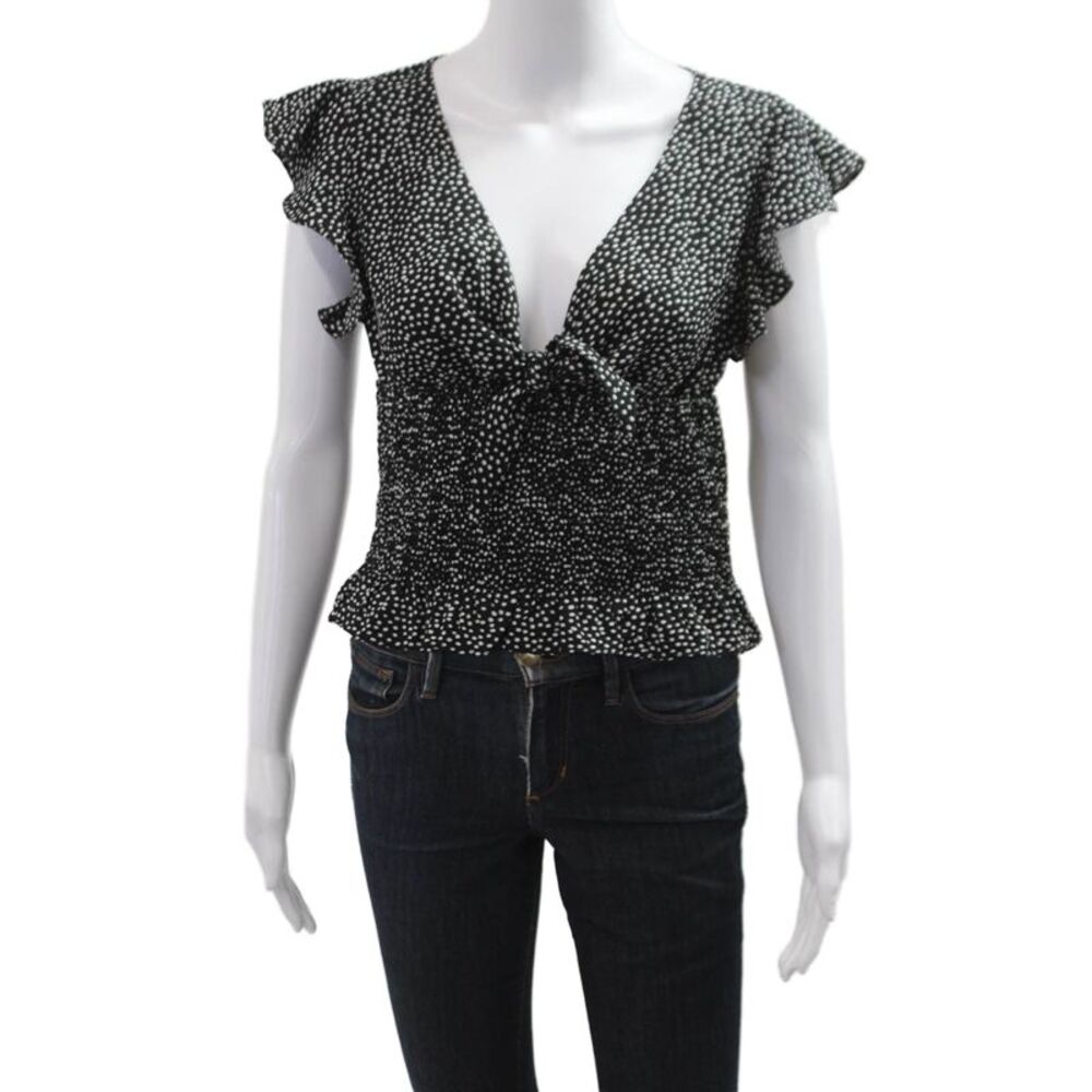 Gab kate Women Cropped Blouse Black Polka Dot V-Neck Tie Short Sleeve Size S